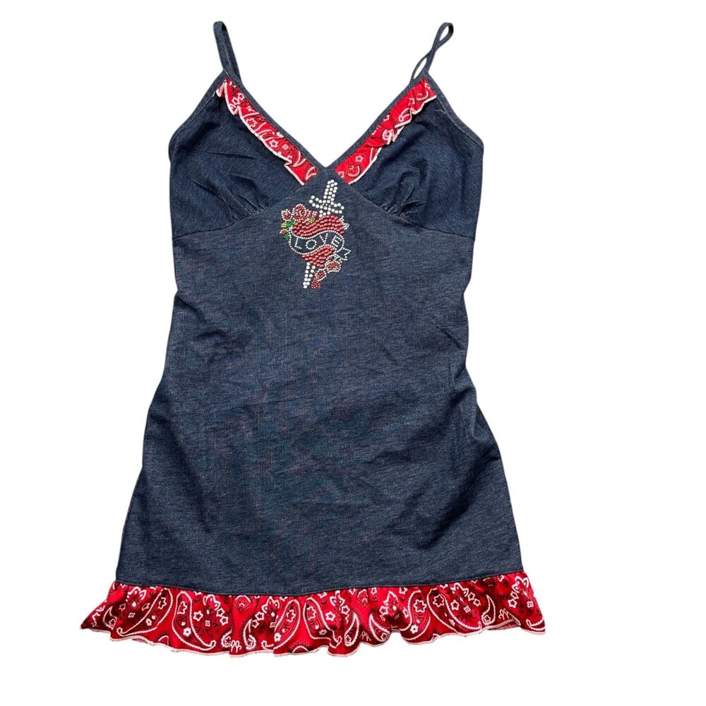 Madam D Large Camie Denim Blue Bedazzled Jeweled Heart Sword‎ Poly Blend